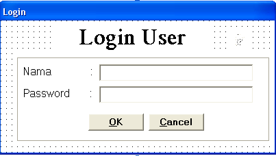 43 Gambar.3.18. Form Password Objek Properti Pengaturan Label1 Caption Nama Label2 Caption Password Command1 Caption Ok Command2 Caption Cancel 4.