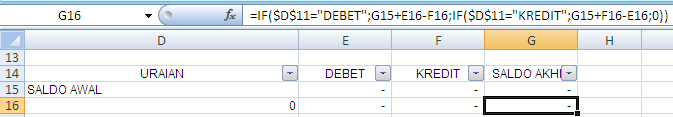 Dengan fungsi ini sel F15 ahanya akan menampilkan jumlah saldo awal (C11) akun yang memiliki posisi kredit (D11). TRANSAKSI KREDIT F16 =IF( 2-jurnal!H7=$C$8; 2-jurnal!