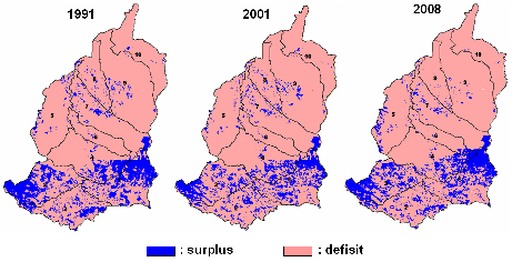 DAS Cisangkuy. Pada Gambar 16 ditunjukkan bahwa pada periode -21, wilayah-wilayah surplus air mengalami penurunan sebesar 17.