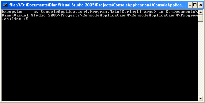 Apabila program ConsoleApplication4 dijalankan, maka pada layar tampilan akan muncul informasi error apa yang terjadi. Gambar 5.9. Tampilan pada layar command prompt Gambar 5.