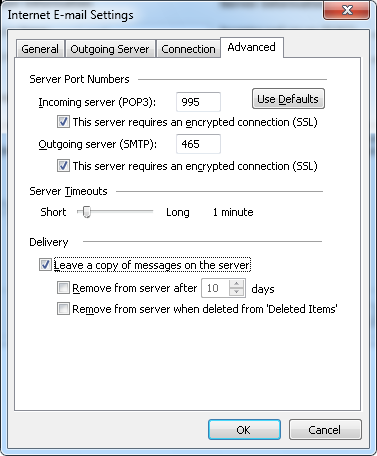 Gambar 8 Tab Advanced di menu more settings # Pada tab Advanced Dimohon merubah konfigurasi dengan detail sebagai berikut : Incoming Server (POP3) : 995 This Server