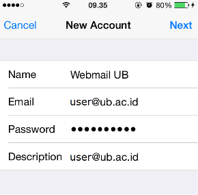 Pilih POP pada kotak warna biru di bagian atas layar, kemudian isi nama Anda pada name, isikan alamat email UB Anda pada Email, isikan deskripsi. Kemudian pada Incoming mail server, isikan pop3.ub.ac.