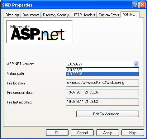 d. Pada tab ASP.NET 1, pilih ASP.NET version = 4.