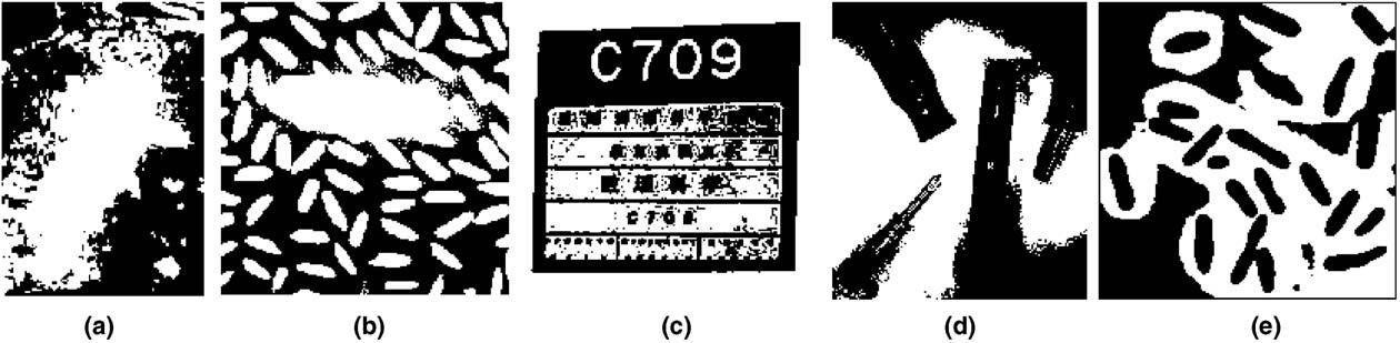Fig. 6. Thresholded image obtained by KI s method: (a) image 1, (b) image 2, (c) image 3, (d) image 4 and (e) image 5. Pada figure 7 thresholding image dilakukan dengan metode Kwon.
