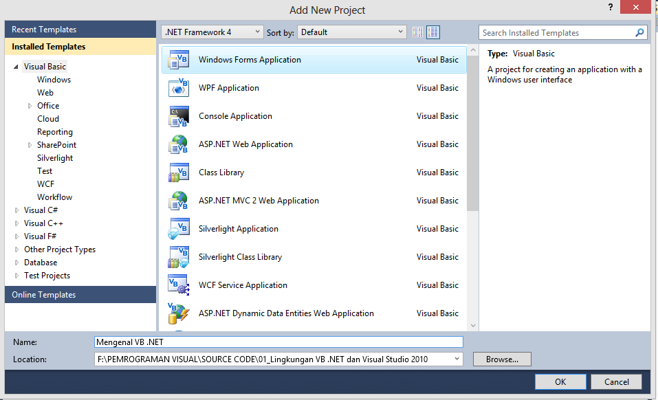 2 VISUAL BASIC.NET PADA IDE VISUAL STUDIO 2010 Membuat Solutions Pada Visual Studio 2010 1. Buka Microsoft Visual Studio 2010 2. Setelah Terbuka, Pilih File -> New -> Project 3.