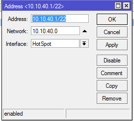 20. Membuat interface untuk wireless. Pilih Ip-address, kemudian add. Masukkan: Address : 10.10.40.