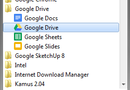 Setelah selesai akan muncul tampilan Google Drive pada Dektop atau start menu anda. 6. Klik Start. Pilih All Program. Pilih Google drive 7.