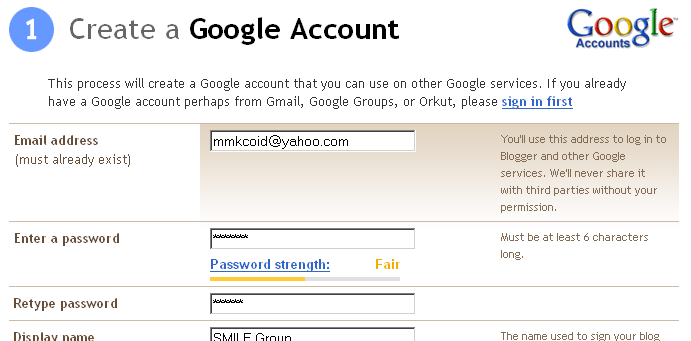 Form pendaftaran dalam membuat Google Account