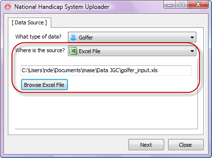 Transfer Data National Handicap System A. Transfer Data Pegolf 1. Jalankan aplikasi NHS Uploader. 2. Pada tab Data Source, pilih jenis data Golfer. 3.