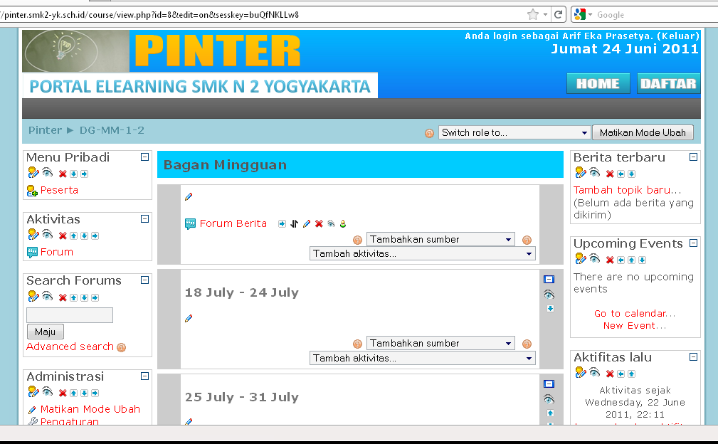 H. Ada dua cara memasukan materi ke dalam e-learning PINTER. Pertama dengan mengetikan langsung melalui situs. Kedua dengan mengupload file word, powerpoint, pdf.