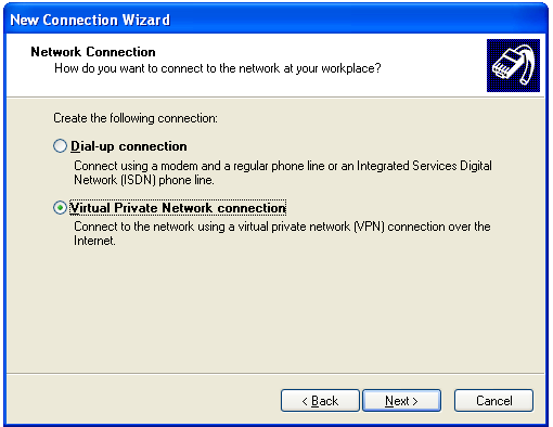 Gambar 3. Tampilan New Connection Wizard Setelah memilih connect to the network at my workplace, selanjutnya pilih virtual private network connection, seperti pada tampilan di bawah ini : Gambar 4.