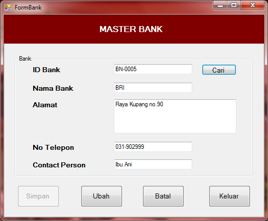 82 5.3.2 Form Input Data Master Form Input Data Bank Gambar 5.12 Form Input Data Bank Form ini digunakan untuk menyimpan/menambah data bank yang telah bergabung dengan PT.