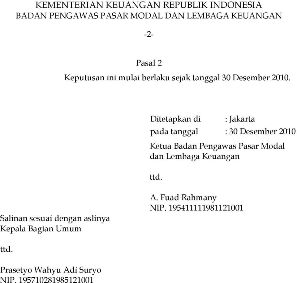 Ditetapkan di : Jakarta pada tanggal : 30 Desember 2010 Ketua Badan Pengawas Pasar Modal dan Lembaga