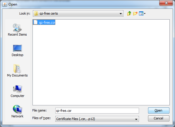 Pada dropdown Certificate type, pilih Signer CA. Selanjutnya klik tombol Import. Cari lokasi file qz-free.csr.