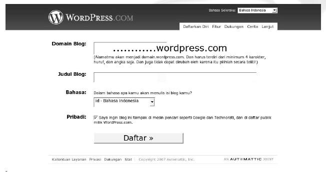6. Muncul opsi jendela wordpress.com untuk mendaftarkan diri Mengisi formulir Domain Blog: ketikkan nama domain yang mudah diingat dan ditulis.