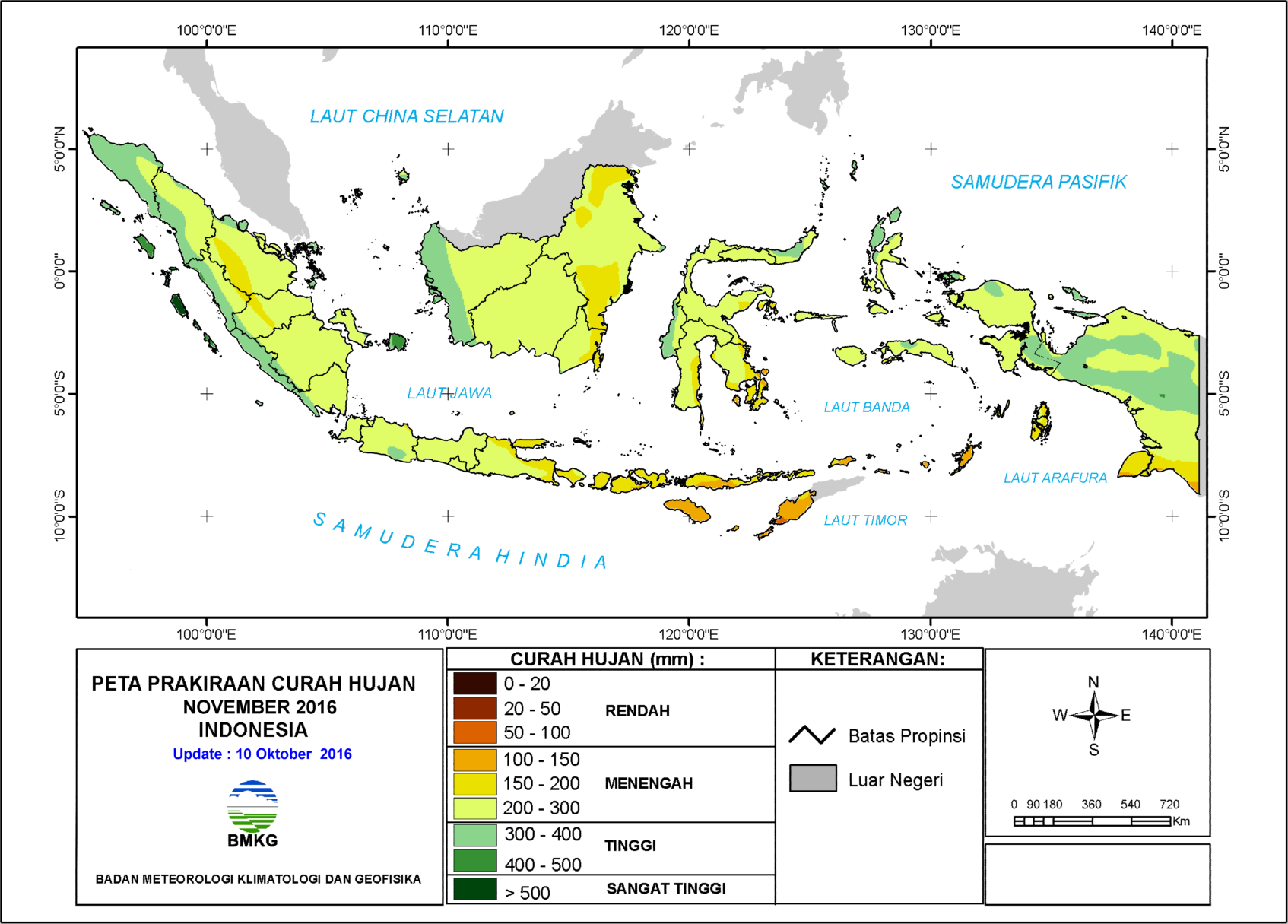 Bagaimana prakiraan kondisi curah hujan November 2016? Curah hujan di sebagian besar wilayah Indonesia diperkirakan berada pada level menengah.