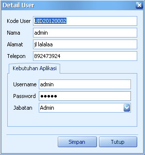 54 Contohnya apabila ingin mengganti password untuk UID20120002 maka user harus menyorot baris yang dengan Kode_User UID20120002 dan klik ganda pada baris tersebut, maka akan keluar form Detail User.
