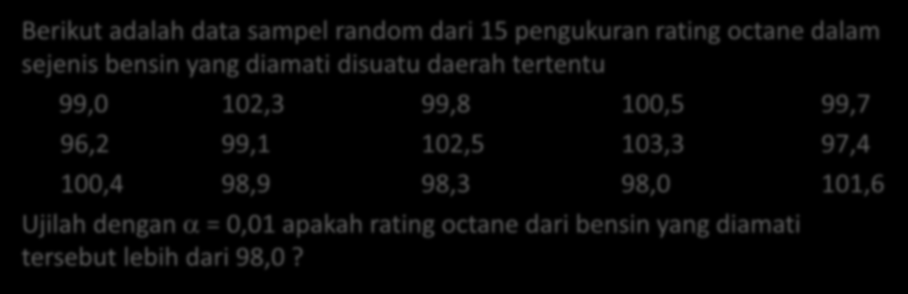 Contoh Berikut adalah data sampel random dari 15 pengukuran rating octane dalam sejenis bensin yang diamati disuatu daerah tertentu 99,0 102,3 99,8
