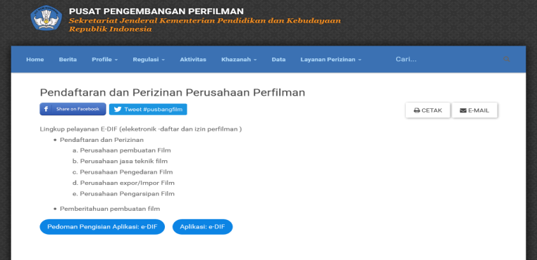 Website Pusbangfilm klik menu utama dan pilih submenu Layanan Perizinan ke Kemendikbud, maka akan tampil