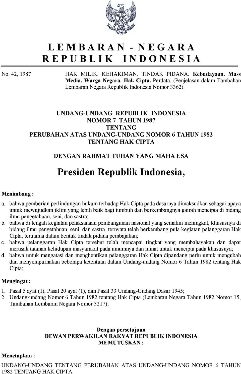 UNDANG-UNDANG REPUBLIK INDONESIA NOMOR 7 TAHUN 1987 TENTANG PERUBAHAN ATAS UNDANG-UNDANG NOMOR 6 TAHUN 1982 TENTANG HAK CIPTA DENGAN RAHMAT TUHAN YANG MAHA ESA Presiden Republik Indonesia, Menimbang