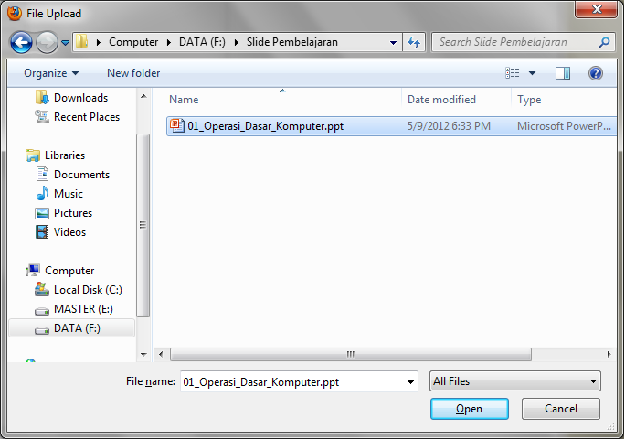 'Browse' di sebelah text field 'Attachment', maka akan muncul dialog 'File Upload' (Gambar 36).