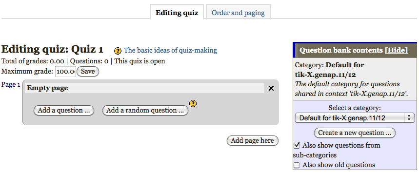 Jika ingin melakukan pengeditan soal-soal quiz, Anda dapat meng-klik tombol 'Edit quiz' (pada Gambar 76), sehingga muncul form pengeditan quiz (Gambar 77).