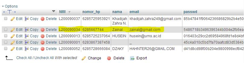 Gambar 14. Zainal pada database Server Gambar 14 menunjukkan bahwa user yang memiliki nim L200090034 dengan nama Zainal telah tersimpan pada database.