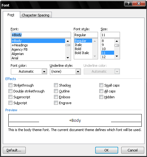 Atau dapat juga diatur dengan menggunakan kotak dialog Font dengan hotkey Ctrl+D atau Ctrl+Shift+F IV.