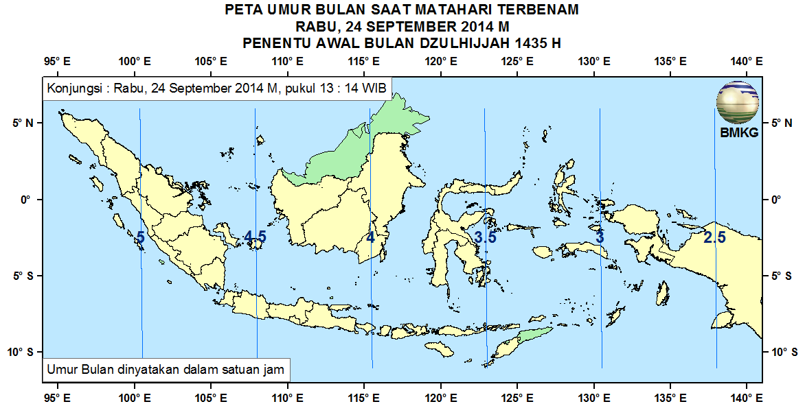 4. Peta Elongasi Pada Gambar 3 ditampilkan peta elongasi untuk pengamat di Indonesia saat matahari terbenam tanggal 24 September 2014.