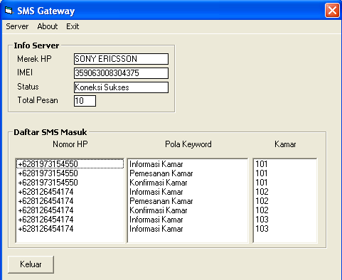 SMS Gateway Server File About Exit Start Info Merek IMEI Status Total Daftar Nomor HP Pola Kamar X di PC. Adapun langkah-langkah instalasi perangkat lunak ini adalah sebagai berikut : 1.