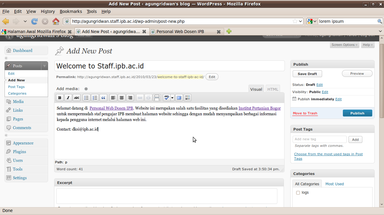 Gambar 3. Menulis postingan blog Pada wordpress terdapat dua bentuk editor penulisan blog, yaitu Visual dan HTML.