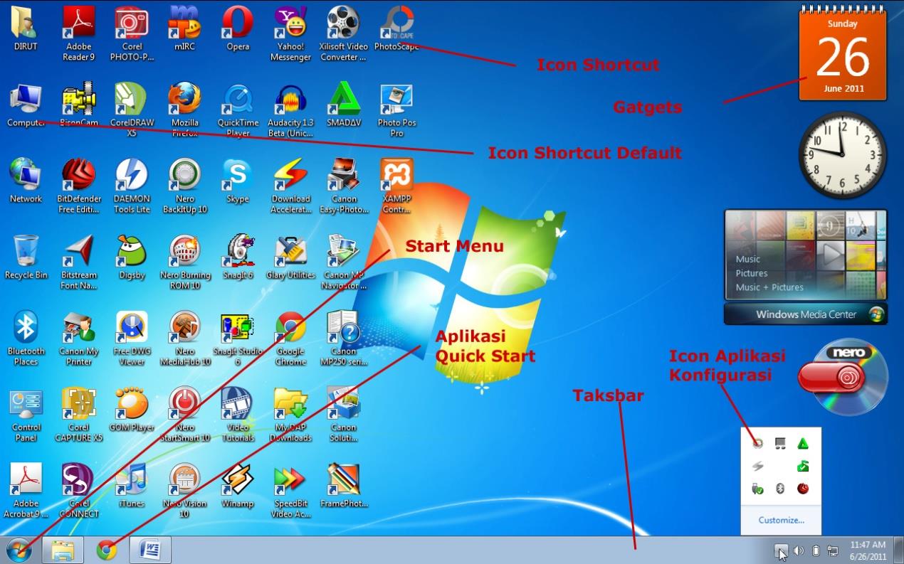 B. Dekstop Bagian-bagian dari Desktop Pada umumnya, taskbar ialah bagian yang terletak pada bagian bawah dari desktop.