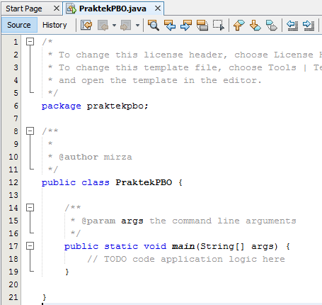 4 5. Perhatikan pada windows Project Nama project PraktekPBO nama package pada Source Packages adalah praktekpbo dan main class otomatis dibuat dengan nama PraktekPBO.java 6.