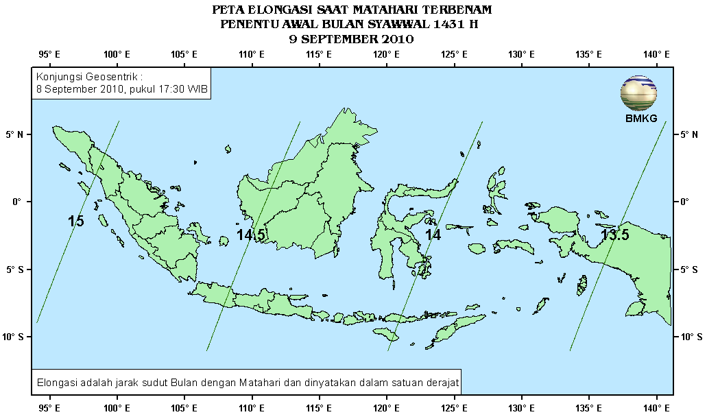 Gambar 6. Peta Elongasi tanggal 8 September 2010 untuk pengamat di Indonesia Gambar 7. Peta Elongasi tanggal 9 September 2010 untuk pengamat di Indonesia 5.