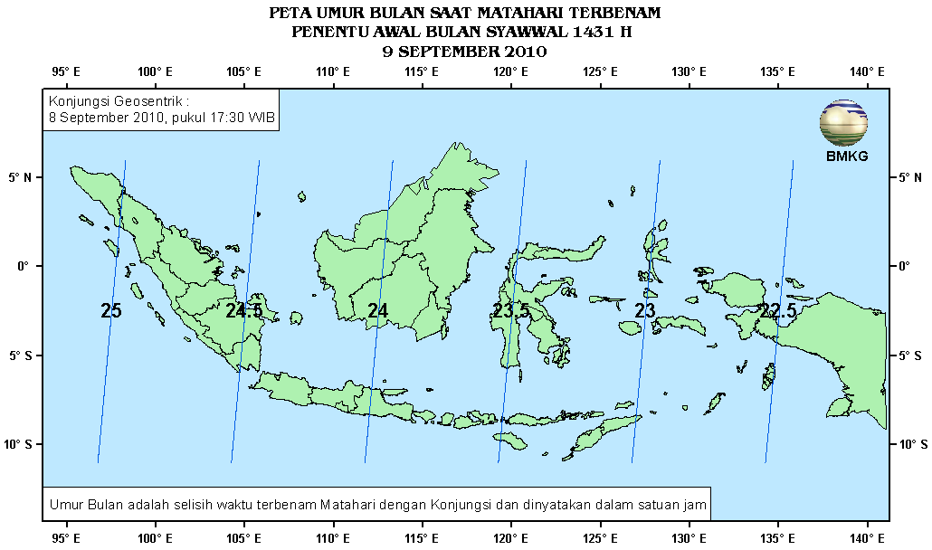 berkisar antara -1,98 jam sampai dengan 1.20 jam. Terbagi duanya peta umur Bulan, yaitu positif dan negatif, karena di Indonesia bagian barat konjungsi terjadi sebelum Matahari terbenam.