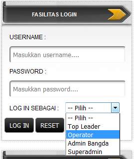 Halaman Login Masukkan Username Masukkan Password Pilih tipe user Klik tombol Login Level Operator SKPD Memiliki hak akses untuk melakukan input data monitoring dan evaluasi untuk