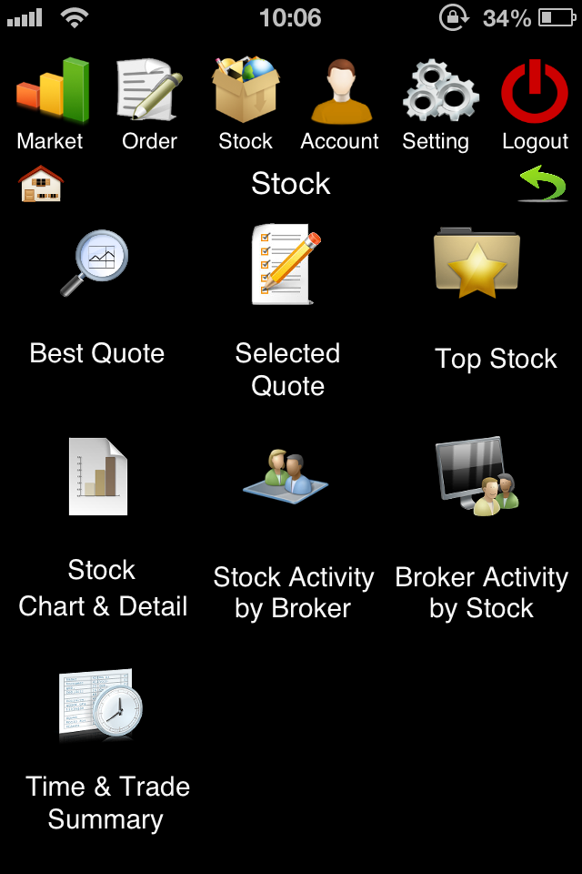 Stock Stock merupakan menu yang dapat digunakan oleh user untuk melihat perkembangan stock yang berada di bursa. Menu ini dapat di akses dari bagian panel atas Simas Mobile.