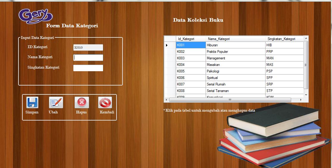 53 Gambar 5. 9 Form Data Buku b. Form Data Kategori Form data kategori digunakan untuk mengelola kategori buku.