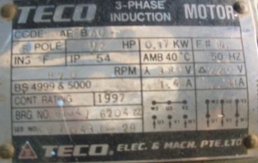 27 Spesifikasi motor yang dipilih adalah motor induksi tiga fasa merek TECO, 6 kutub, 920 rpm dan daya 0,5 Hp.