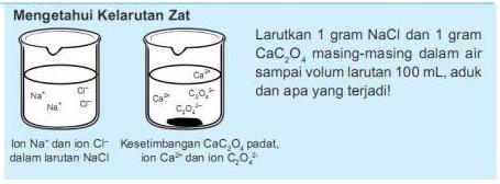 Reaksi: CaC 2 O 4 (s) Ca 2+ (aq) + C 2 O 4 2 (aq) Harga kelarutan NaCl = 6,41 mol L 1 Harga kelarutan CaC 2 O 4 = 4,7969.