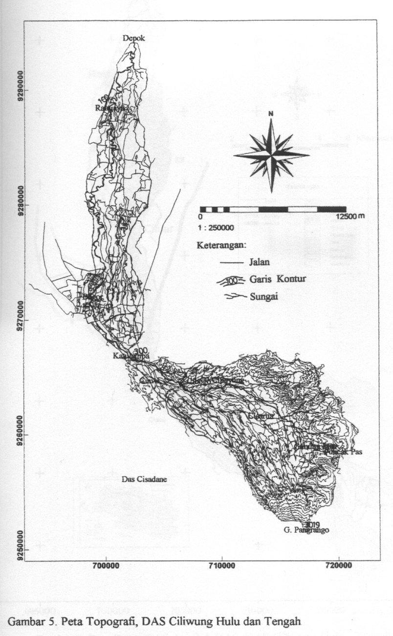 Bagian hulu dan tengah menurut peta topografi yang dinyatakan oleh stasiun hidrometri Katulampa dan Ratujaya Depok ditunjukkan oleh Gambar 1 berikut.