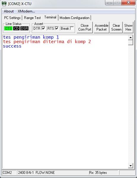 65 5. Pada komputer 2 ketikan teks tes pengiriman diterima di komp 2 Amati data yang tampil pada terminal XCTU komputer 1 dan 2 untuk mengetahui hasil dari pengiriman data antar komputer. 4.