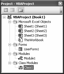 Gambar 1.13 Tampilan Visual Basic Editor. 1.5.1 Project Explorer Project Explorer digunakan untuk melakukan navigasi terhadap seluruh objek yang ada dalam proyek VBA sebuah workbook.