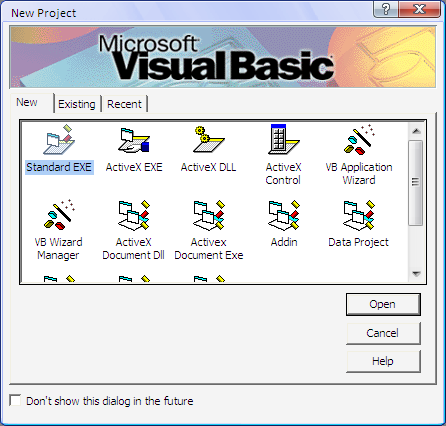 2.5.1.2 Menjalankan Visual Basic Cara untuk mengaktifkan Visual Basic adalah menjalankannya dari Menu Start, pilih Program, dan pilih Microsoft Visual Basic 6.0. 2.5.1.3 Memilih jenis Project Sesaat anda aktif di Visual Basic, maka anda akan dihadapkan kepada suatu pilihan terhadap jenis Project yang ingin anda buat sebagaimana yang ditunjukan oleh Gambar 1-1.