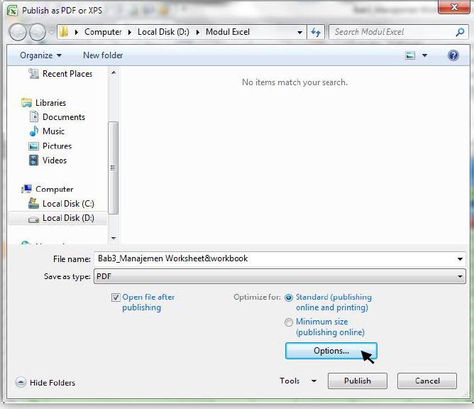 Menyimpan WorkBook dalam Format PDF/XPS Tentukan
