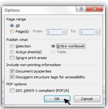 Menyimpan WorkBook dalam Format PDF/XPS Pada kotak dialog Options tentukan