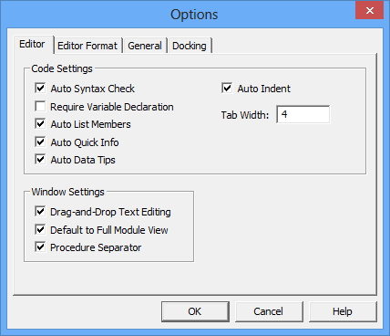 Jendela Options untuk mengatur lingkungan kerja VBE Memanfaatkan Tab Editor Pertama tama, pastilah Anda akan melihat tab Editor di dalam jendela Options di atas.