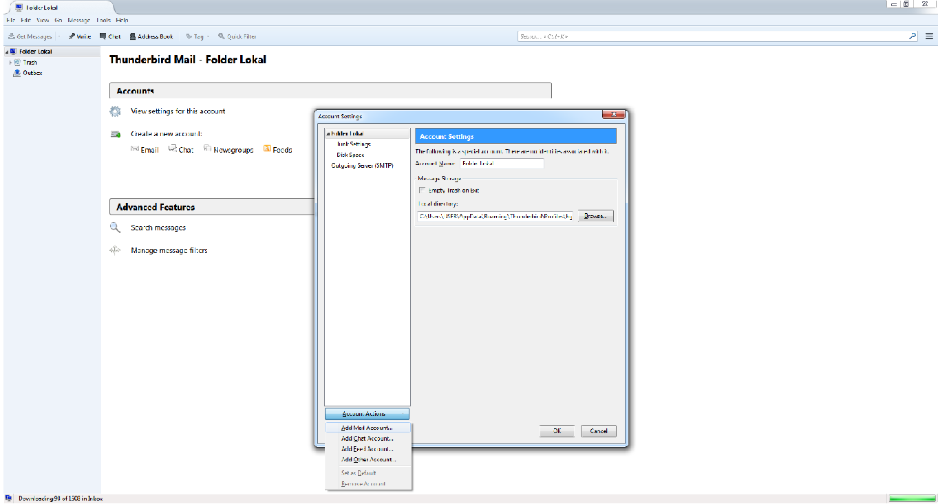Gambar 20 Dialog window Mail Account Setup 18. Pengulangan tahapan No. 15 untuk kasus gagal konfigurasi. Jika berhasil melakukan konfigurasi otomatis silakan langsung ke tahapan No. 21. 19.
