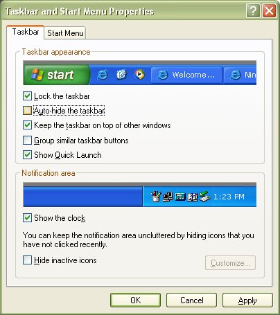 4. klik pada pilihan taskbar and start menu,dilayar muncul tampilan sbb. 5.