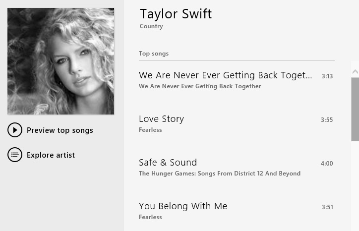 Album lagu seorang artis yang diklik lewat aplikasi Music Untuk mendengar sampel lagu itu, cukup klik Preview top songs. Sedangkan di sisi kanan tercantum deretan lagu yang bisa Anda beli.